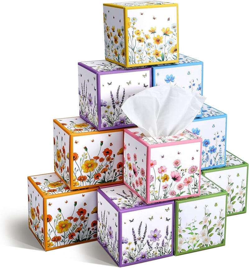 Fourluoo 12 Pack Fall Floral Facial Tissues Cube Boxes 600 Sheets 3 Ply Small Square Wildflowers Face Tissues Bulk for Autumn Car Bedroom Supplies - Image 1